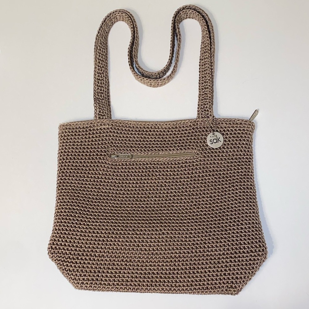 The Sak Tan Crochet Tote Bag brown silver/stainless tone hardware long straps
